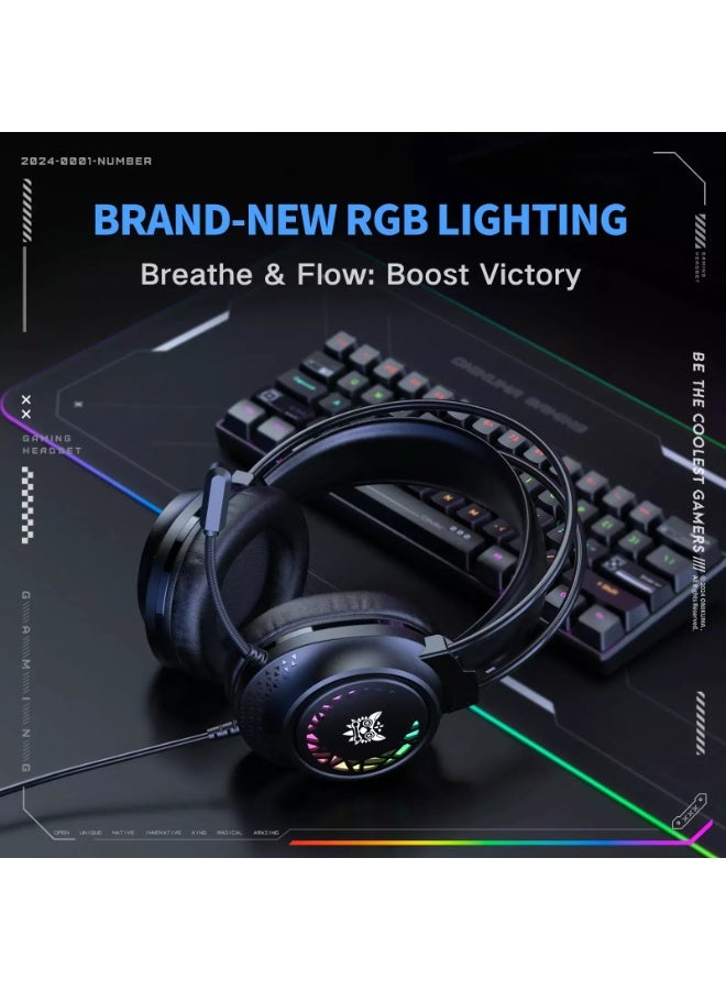 onikuma X92 RGB Wired Gaming Headset with 3D Surround Sound and Noise Cancelling Microphone, 50mm Custom Drivers, Comfortable Over-Ear Design with Adaptive Headband for PC, Laptop and Mobile Devices - Image 3